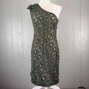 Andrew Marc New York Dress Small Green Crochet Lace One Shoulder Short Y2K 90s